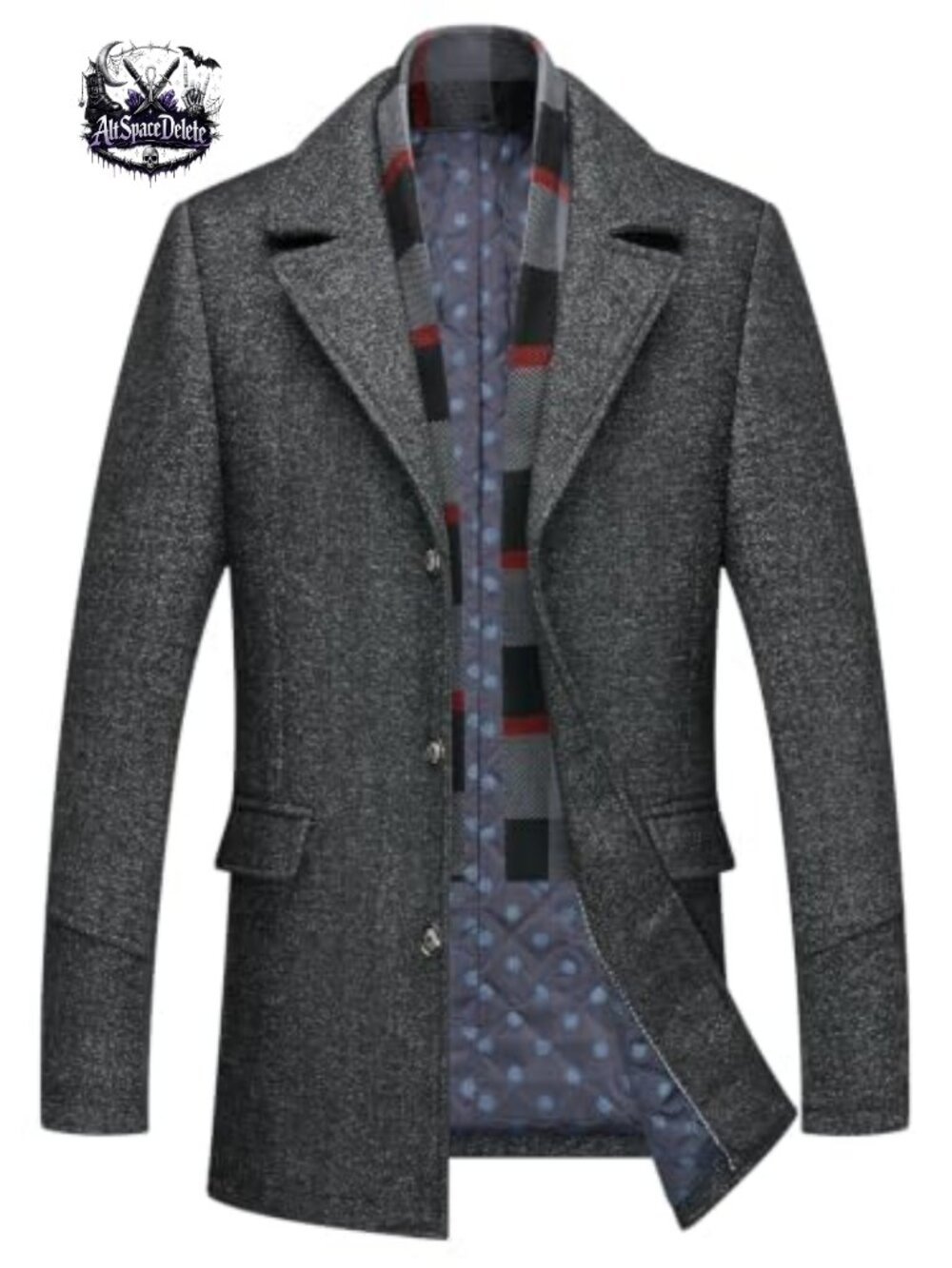 Men's Wool Blend Trench Coat Detachable Scarf Single Breasted Overcoat